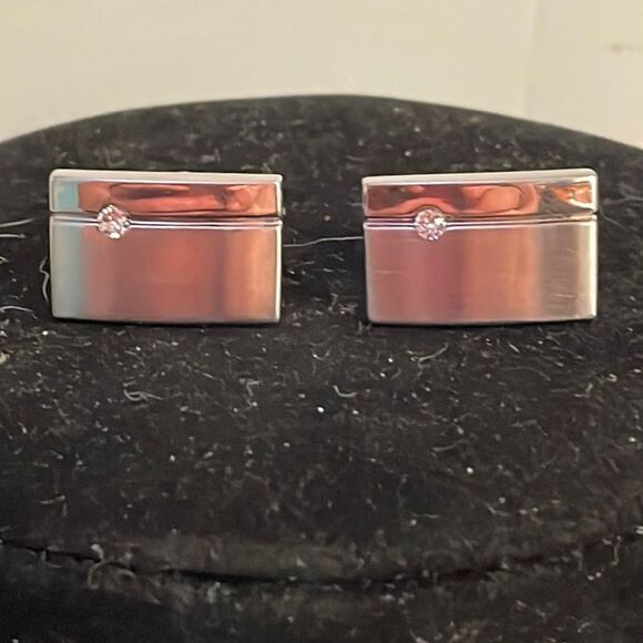1950s MCM engravable rectangular silver tone bullet back cuff links w/diamond - Picture 1 of 14